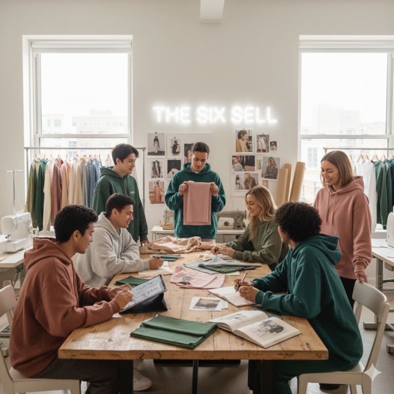 Diverse group of young designers wearing The Six Sell oversized hoodies, gathered around a wooden table sketching and discussing fabric swatches and designs in a modern fashion studio.