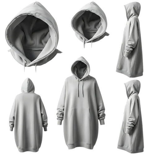 A light grey hoodie is displayed in various angles and close-ups, showcasing its design.