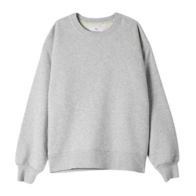 A plain light grey crewneck sweatshirt, neatly laid out against a dark background.