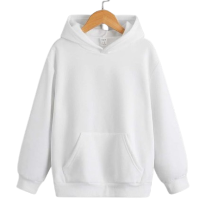 A simple white hooded sweatshirt with a front pocket, hanging on a wooden hanger against a dark background
