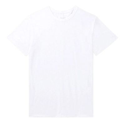 A plain white t-shirt, neatly laid out against a dark background.